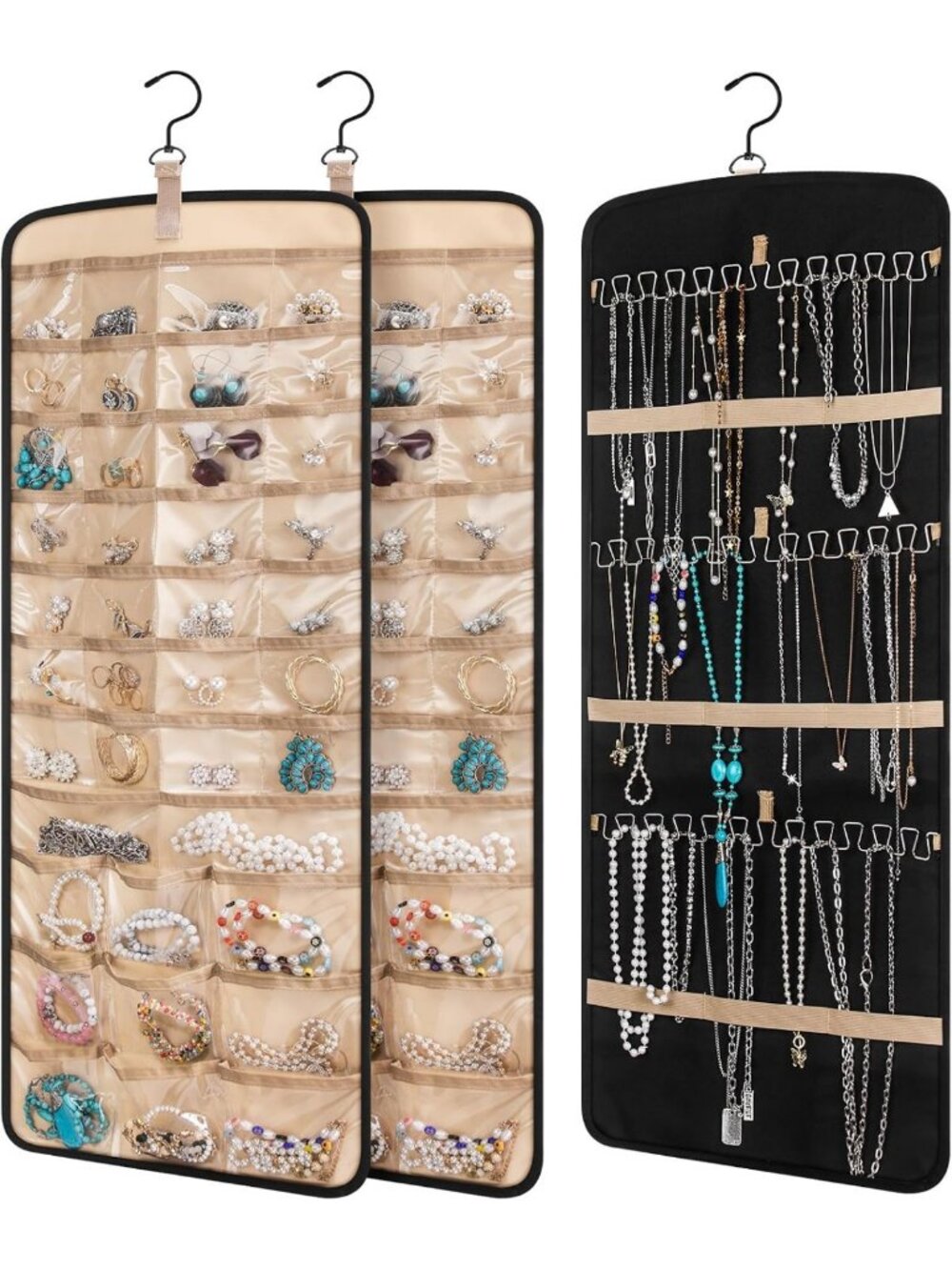 Double-Sided Jewelry Organizer with 39 Pockets & 30 Hooks - Wall Mount Storage